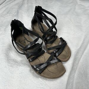 Ahnu Black Strappy Sandals Zip Back Size 6.5 Wedge Leather 1.5" Heel Height